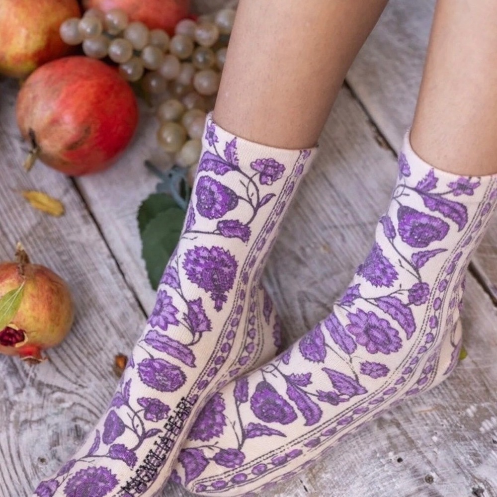 Magnolia Pearl Purple Floral Vine Crew Socks Bohemian NWT